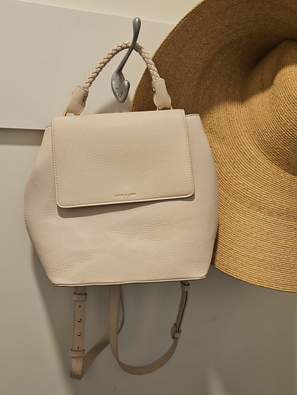 Cream Pebbled Leather Top-Handle Backpack